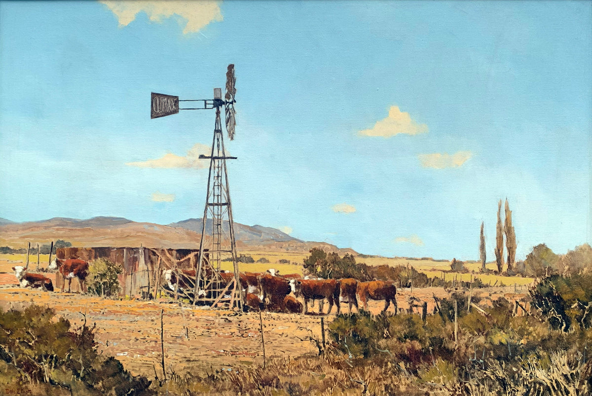 Dale Elliot, Windmill and cows in Landscape 90x60cm