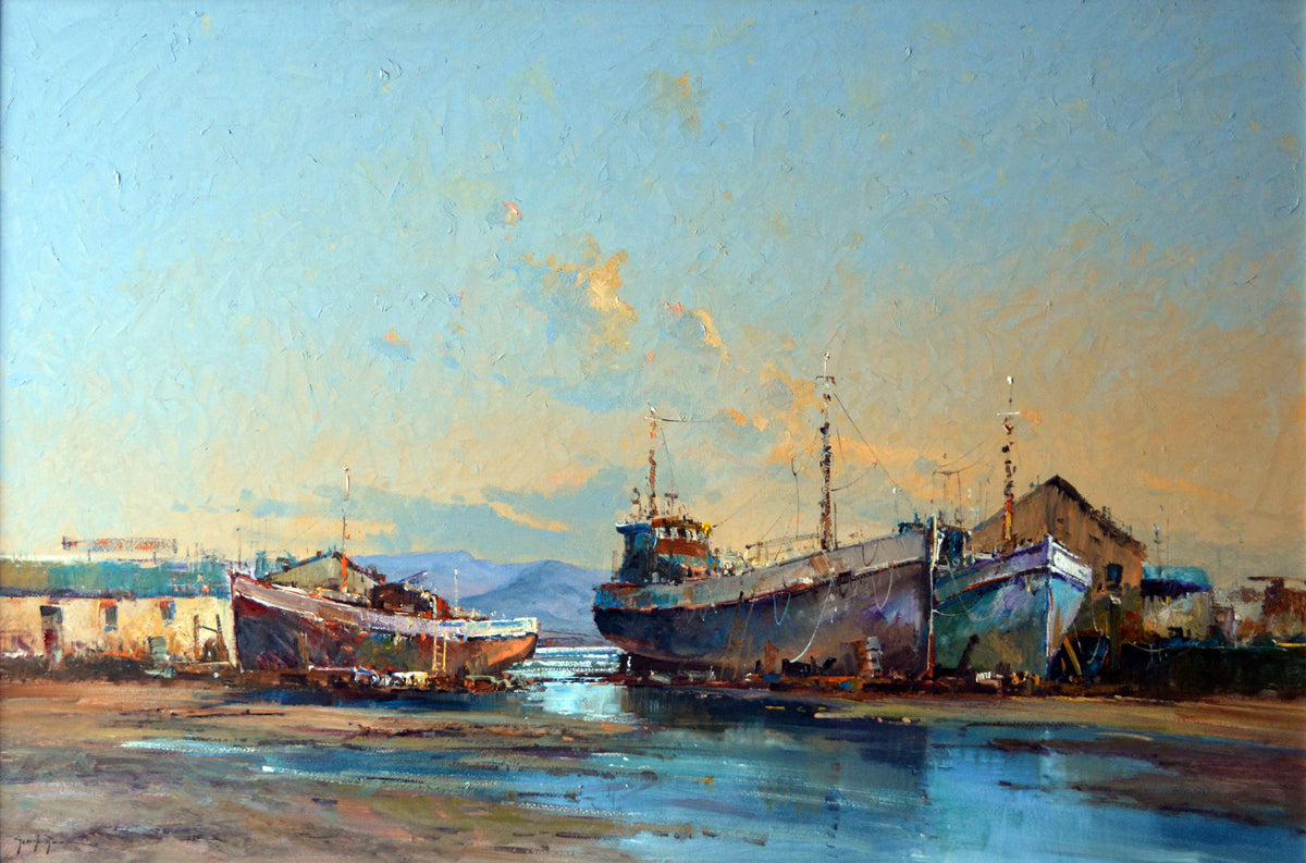Gerrit Roon - Large Shipyard Scene at Sunset, 90x60cm