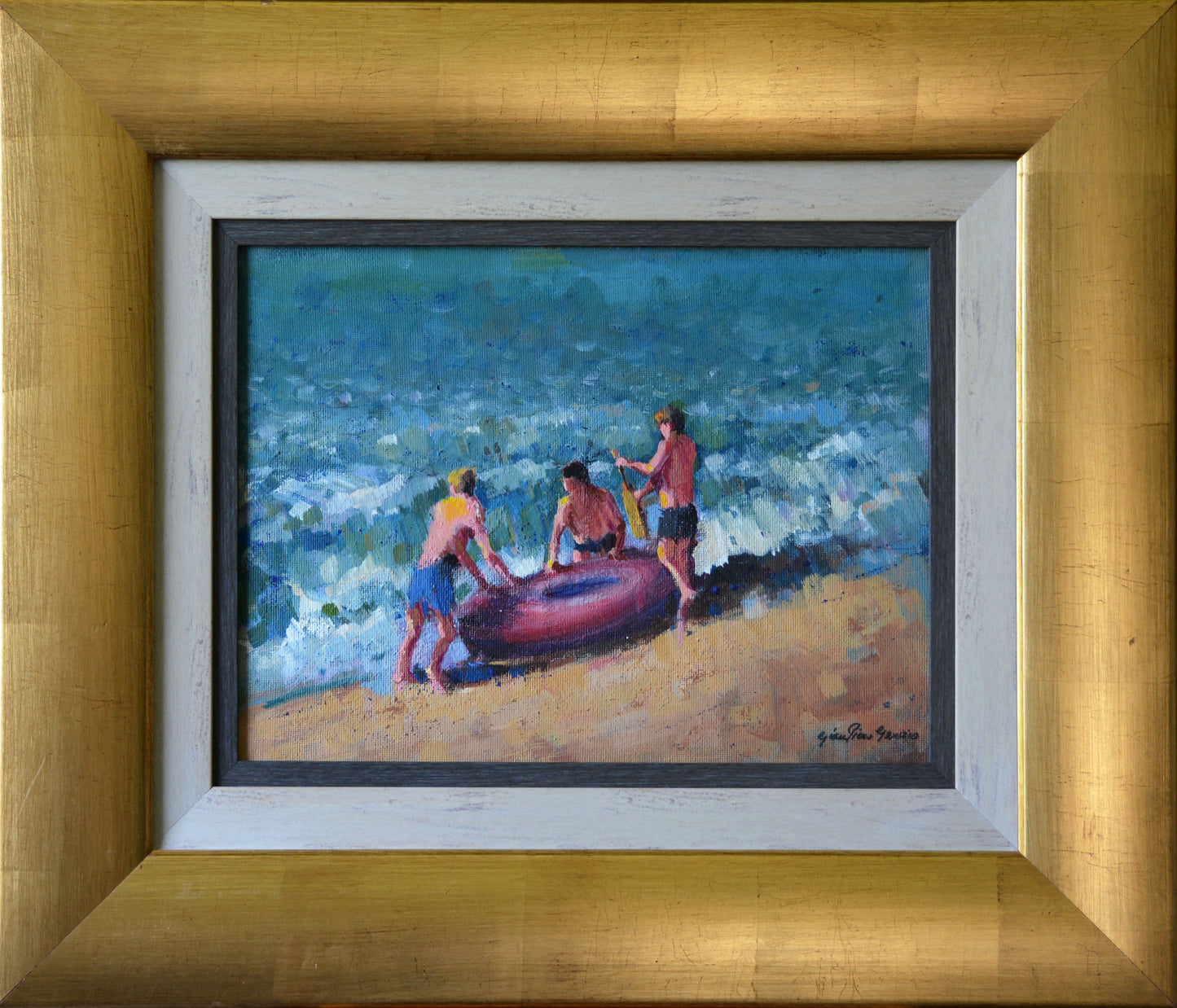 Gian-Piero Garizio - Kids and tube in the surf 25x30cm