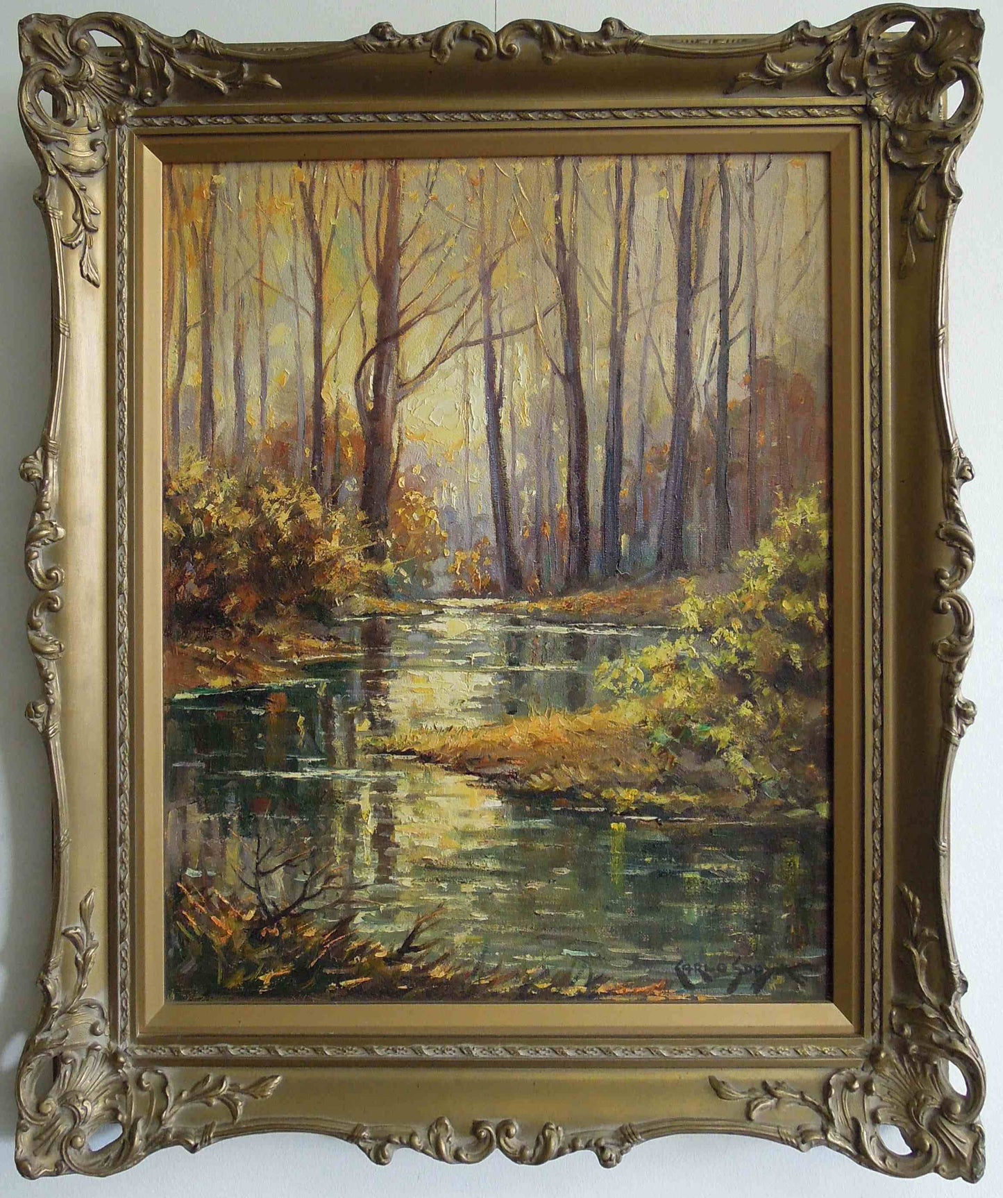 Carlo Sdoya - Lovely Wooded River Scene, 60x50cm