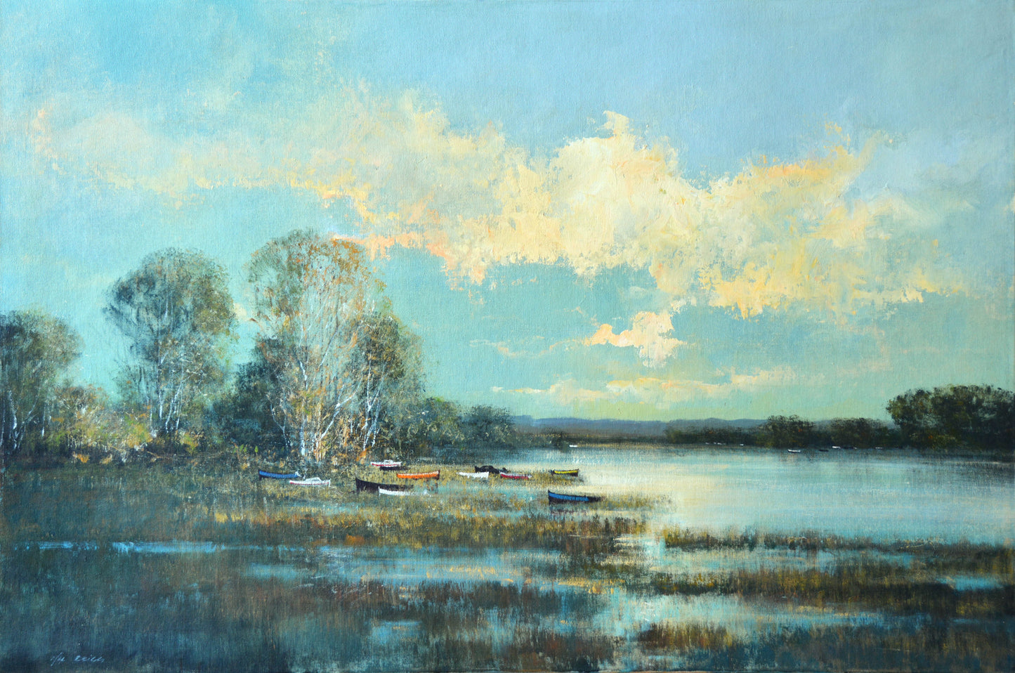 Mel Brigg - Large Sunlit Vlei with boats 90x60cm