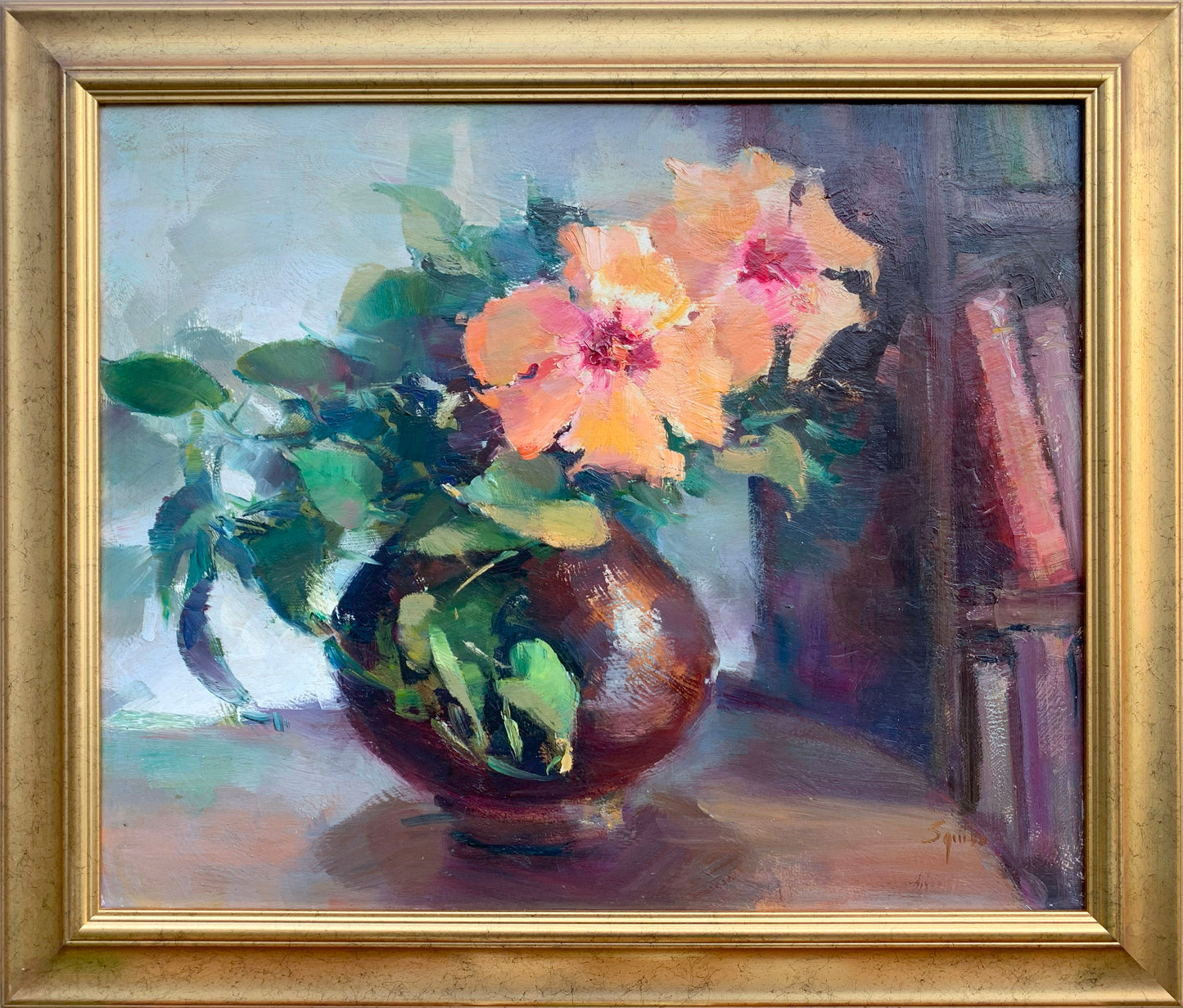Ruth Squibb - Magnificent still life Flowers with bookshelf, 60x50cm
