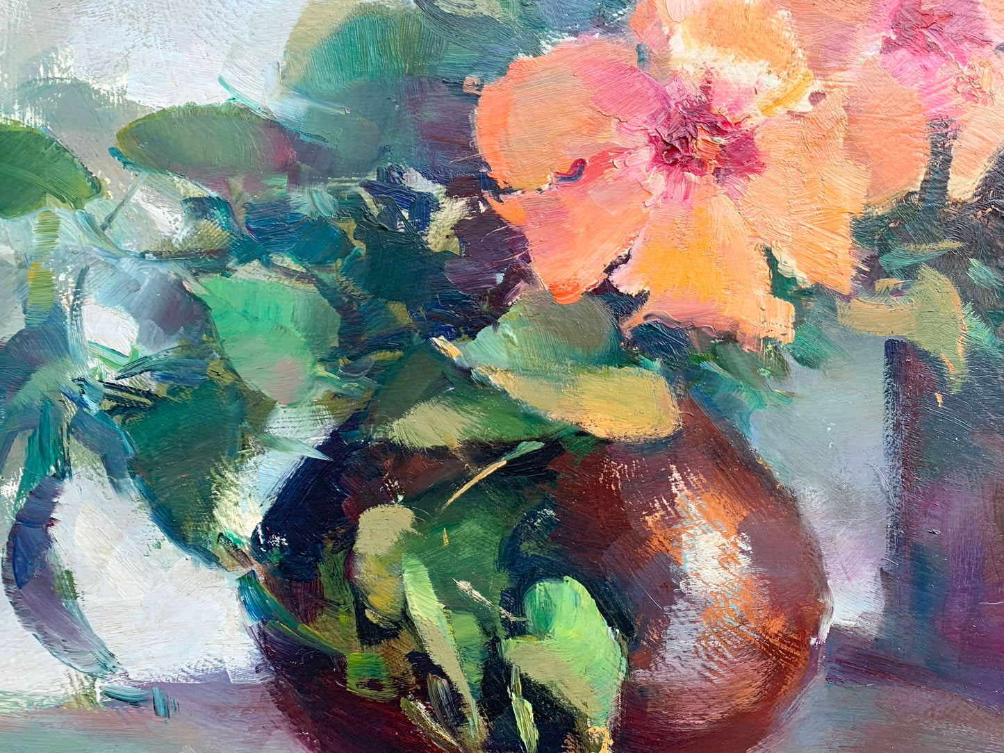 Ruth Squibb - Magnificent still life Flowers with bookshelf, 60x50cm