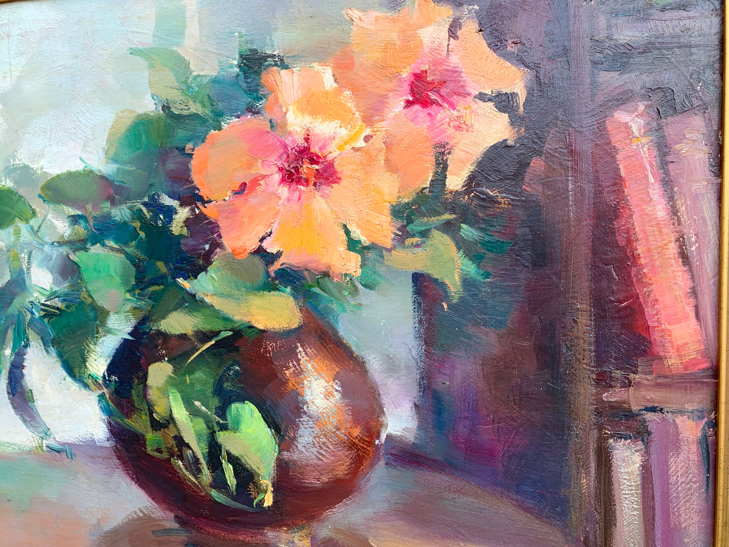 Ruth Squibb - Magnificent still life Flowers with bookshelf, 60x50cm