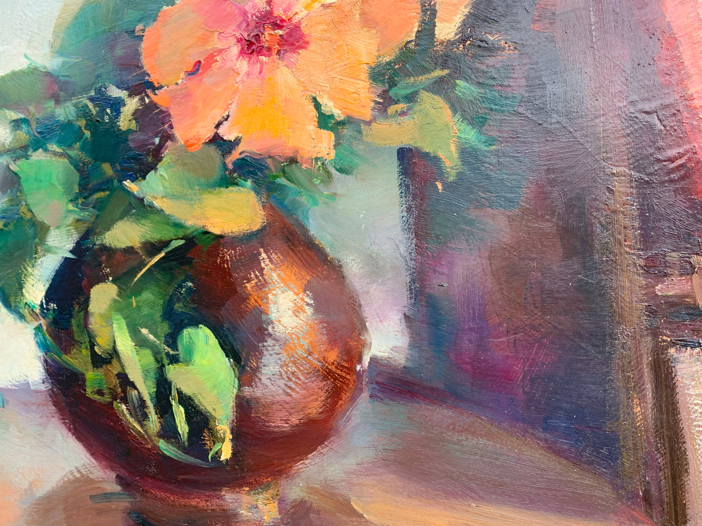 Ruth Squibb - Magnificent still life Flowers with bookshelf, 60x50cm