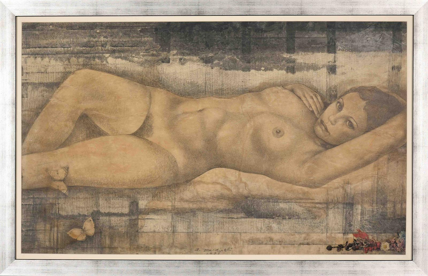 Armando Baldinelli - Reclining Nude Mixed Media Artwork, 98x58cm
