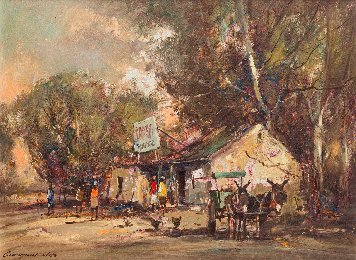 Christiaan Nice - Iconic Donkey Cart scene near rural Cafe, 60x45cm