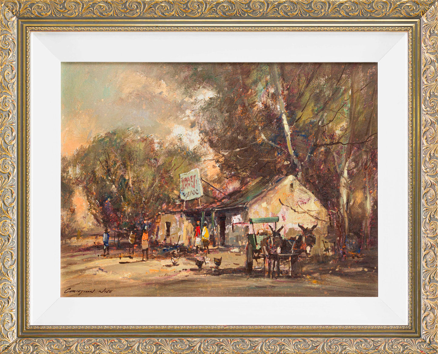 Christiaan Nice - Iconic Donkey Cart scene near rural Cafe, 60x45cm