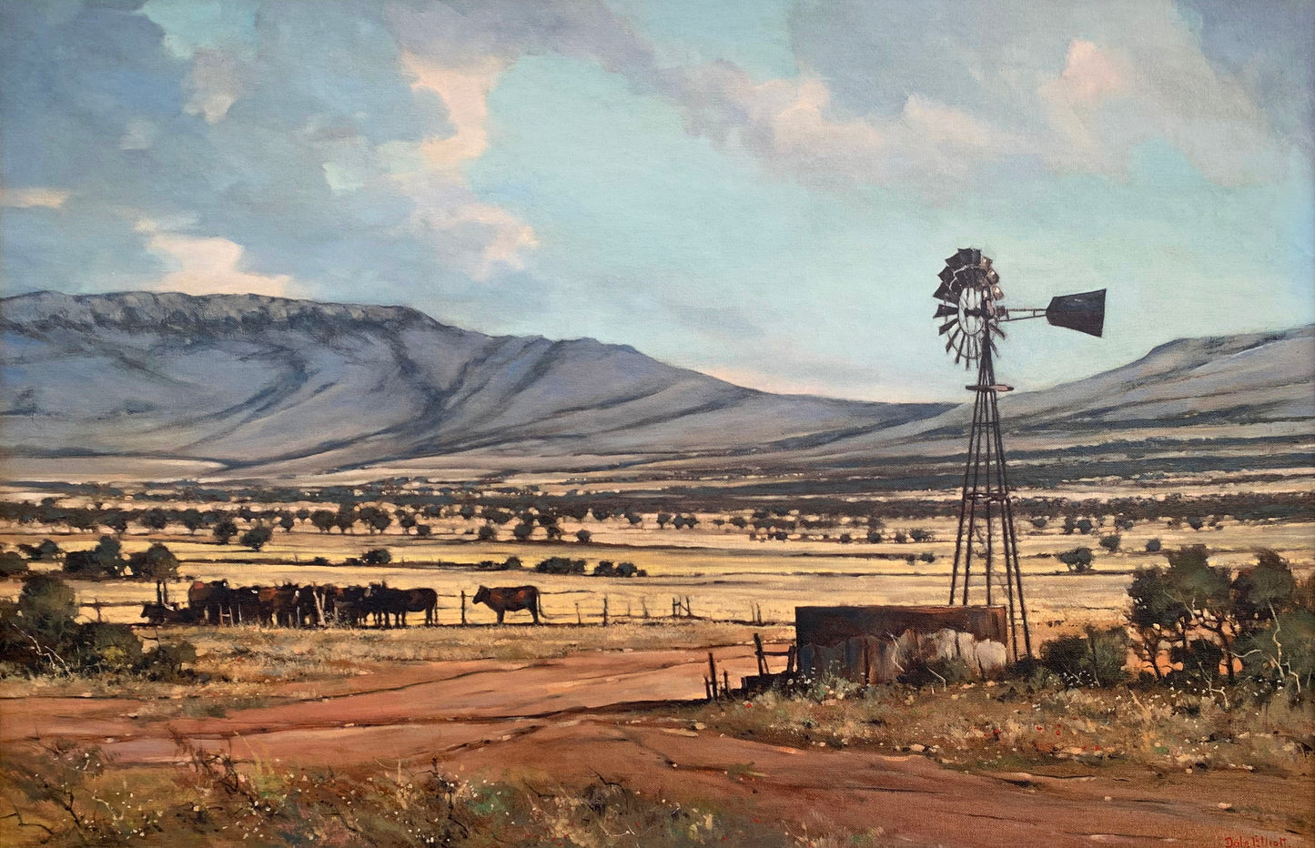 Dale Elliot, Windmill and cows in Landscape 90x60cm
