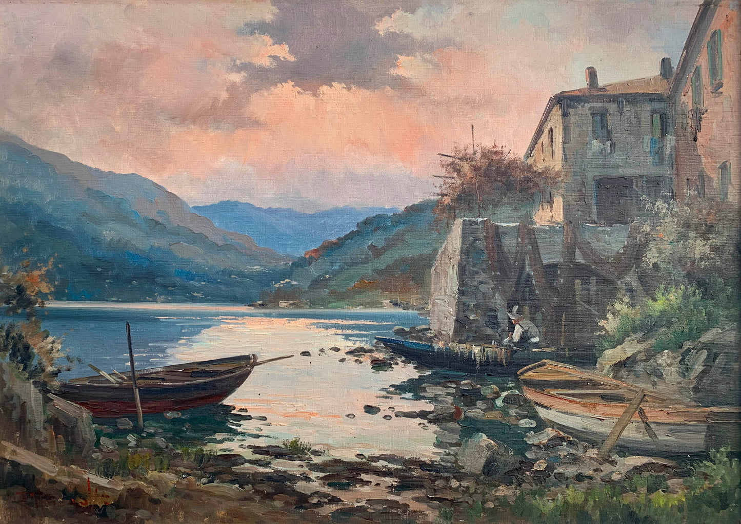 Ercole Magrotti - Beautiful warm Italian lakeside Scene, 70x50cm
