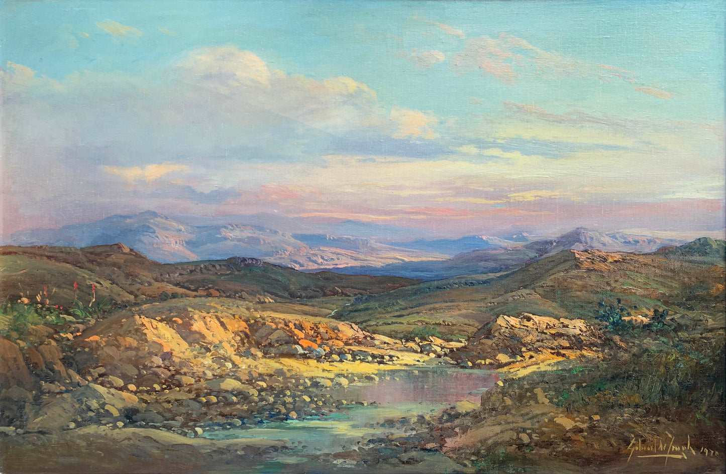 Gabriel de Jongh - Large Colourful Mountain Landscape, 90x60cm
