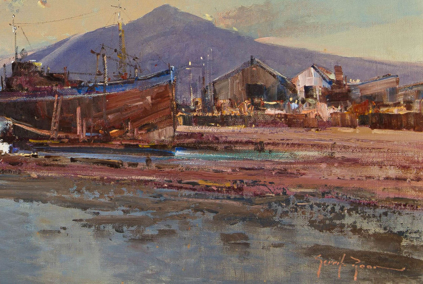 Gerrit Roon - Large Shipyard Seascape, 90x60cm