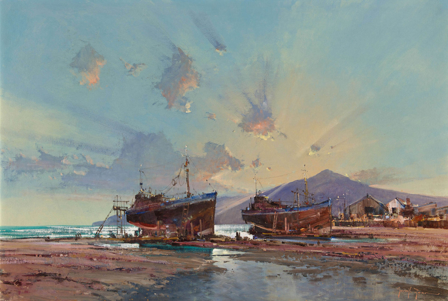 Gerrit Roon - Large Shipyard Seascape, 90x60cm