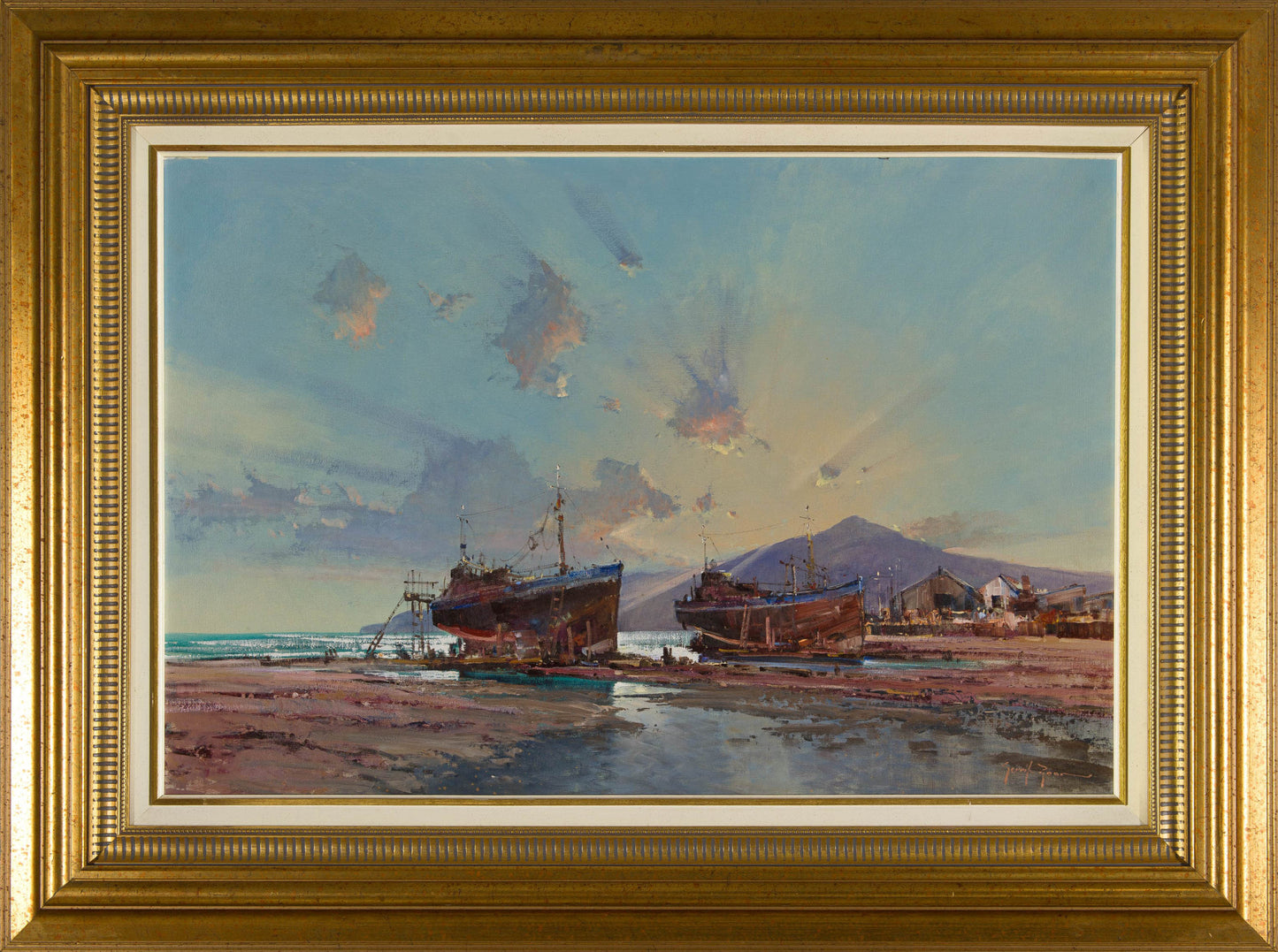 Gerrit Roon - Large Shipyard Seascape, 90x60cm
