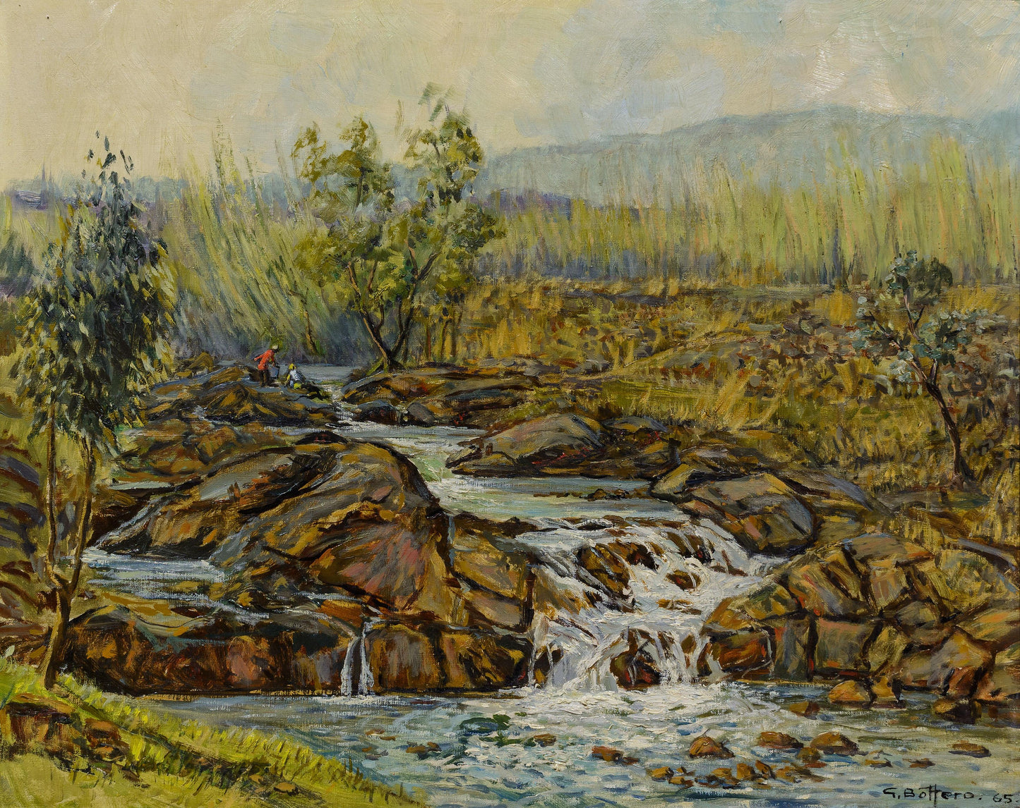 Giuseppe Bottero - Rocky Rapids with figures, 75x60cm