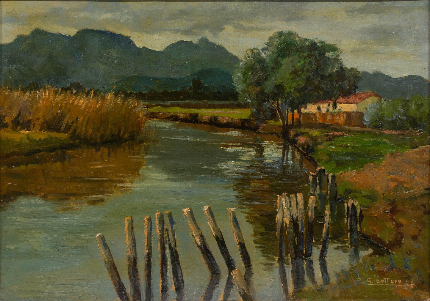 Giuseppe Bottero - lake by the riverside, 52x37cm