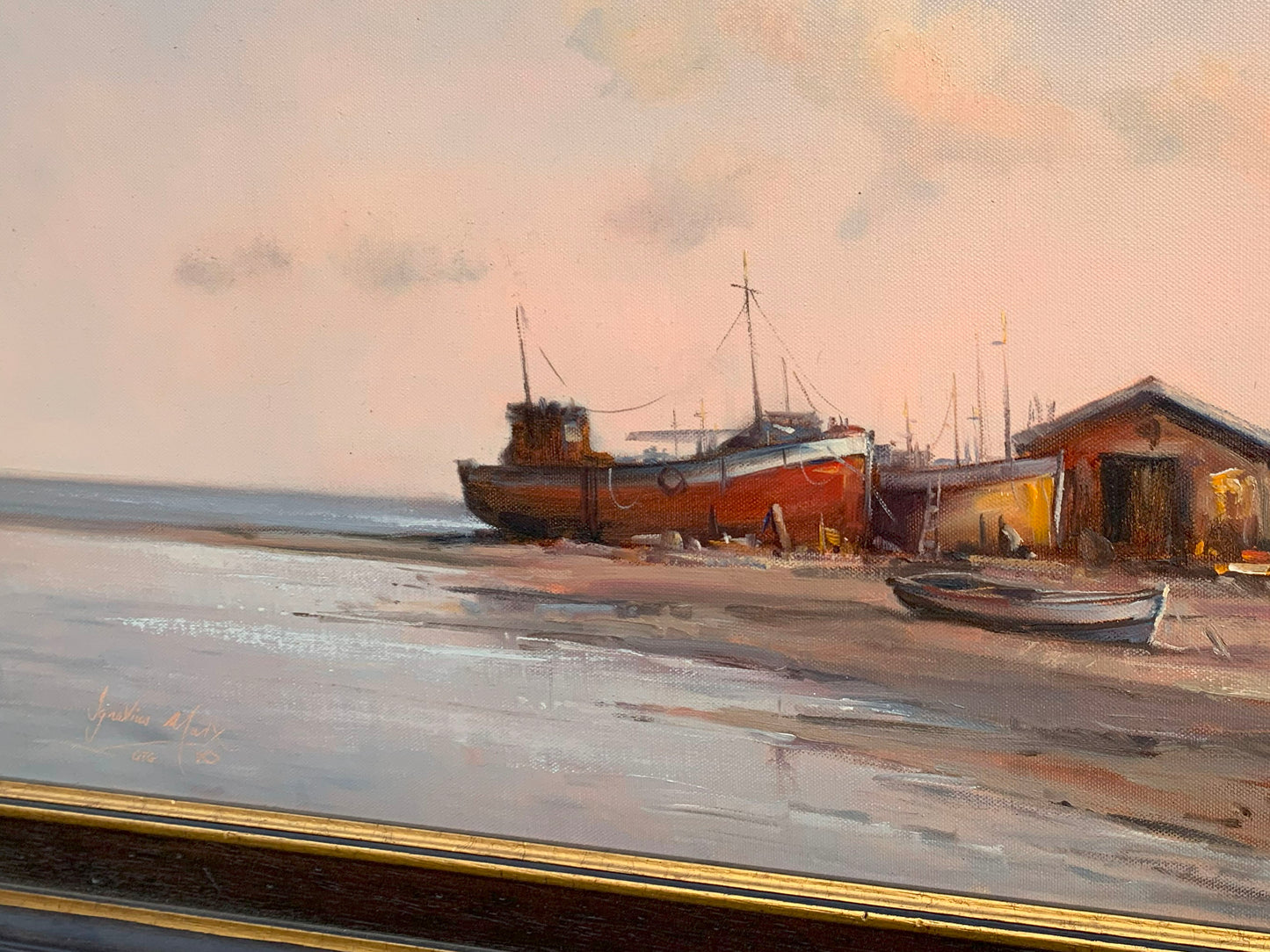 Ignatius Marx - Boats on the shoreline at sunset, 75x50cm