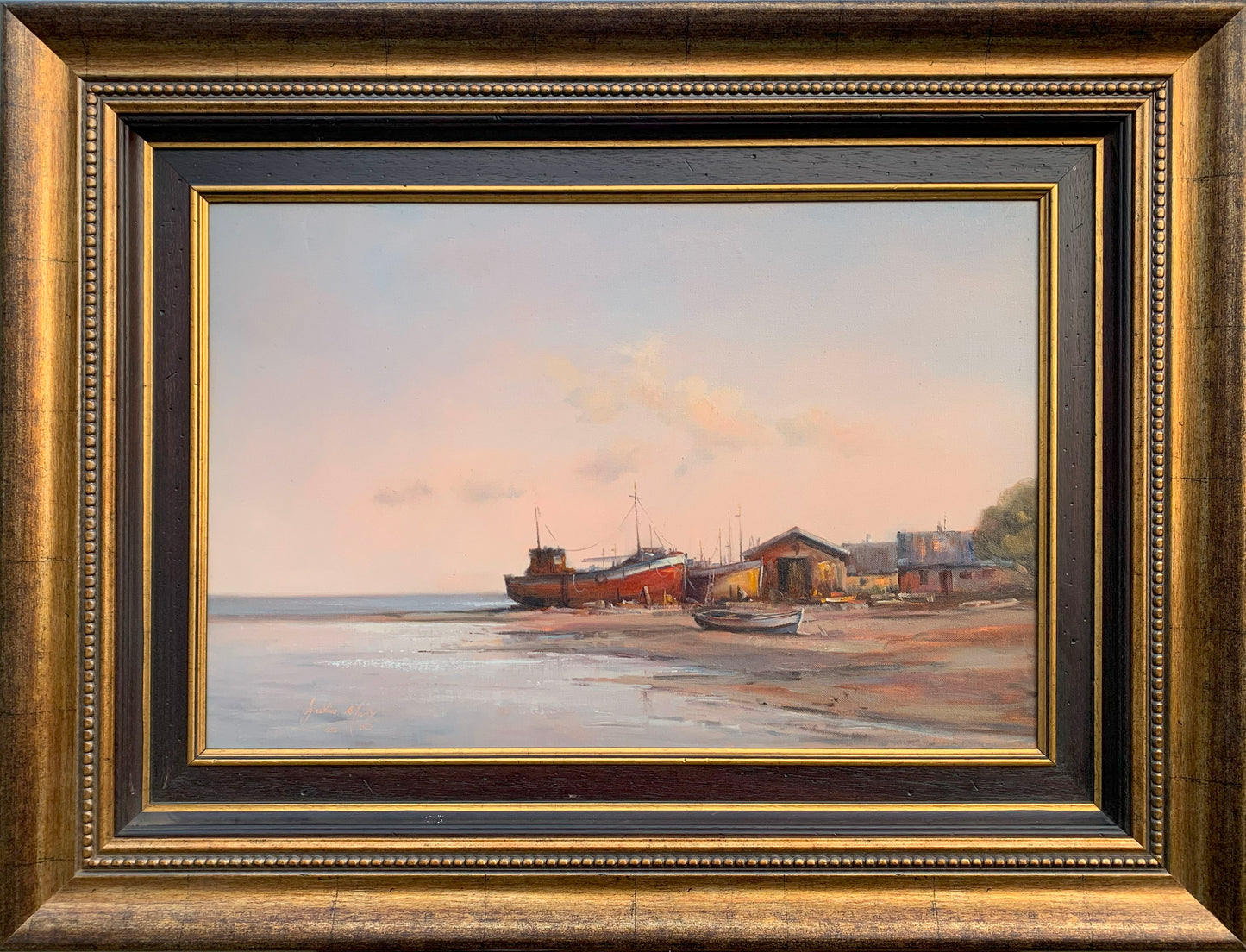 Ignatius Marx - Boats on the shoreline at sunset, 75x50cm