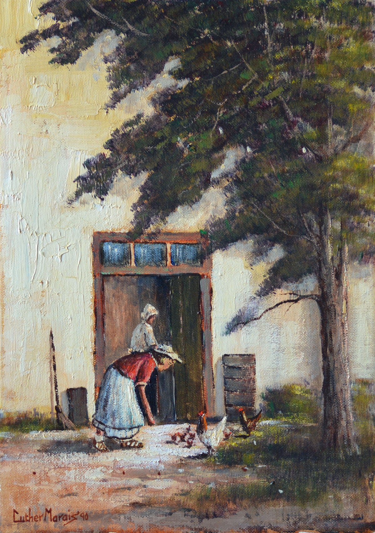 Luther Marais - Feeding the chickens at the back door, 40x26cm