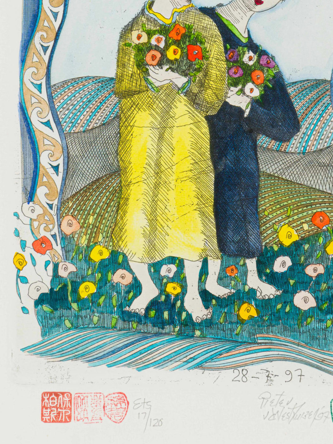 Pieter van der Westhuizen, Flower Girls, Etching, 23x16cm