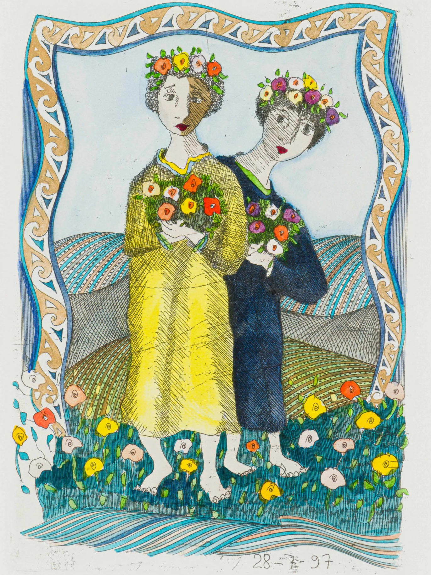 Pieter van der Westhuizen, Flower Girls, Etching, 23x16cm