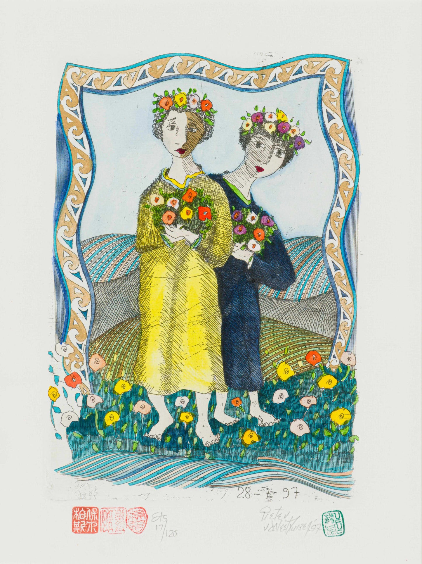 Pieter van der Westhuizen, Flower Girls, Etching, 23x16cm