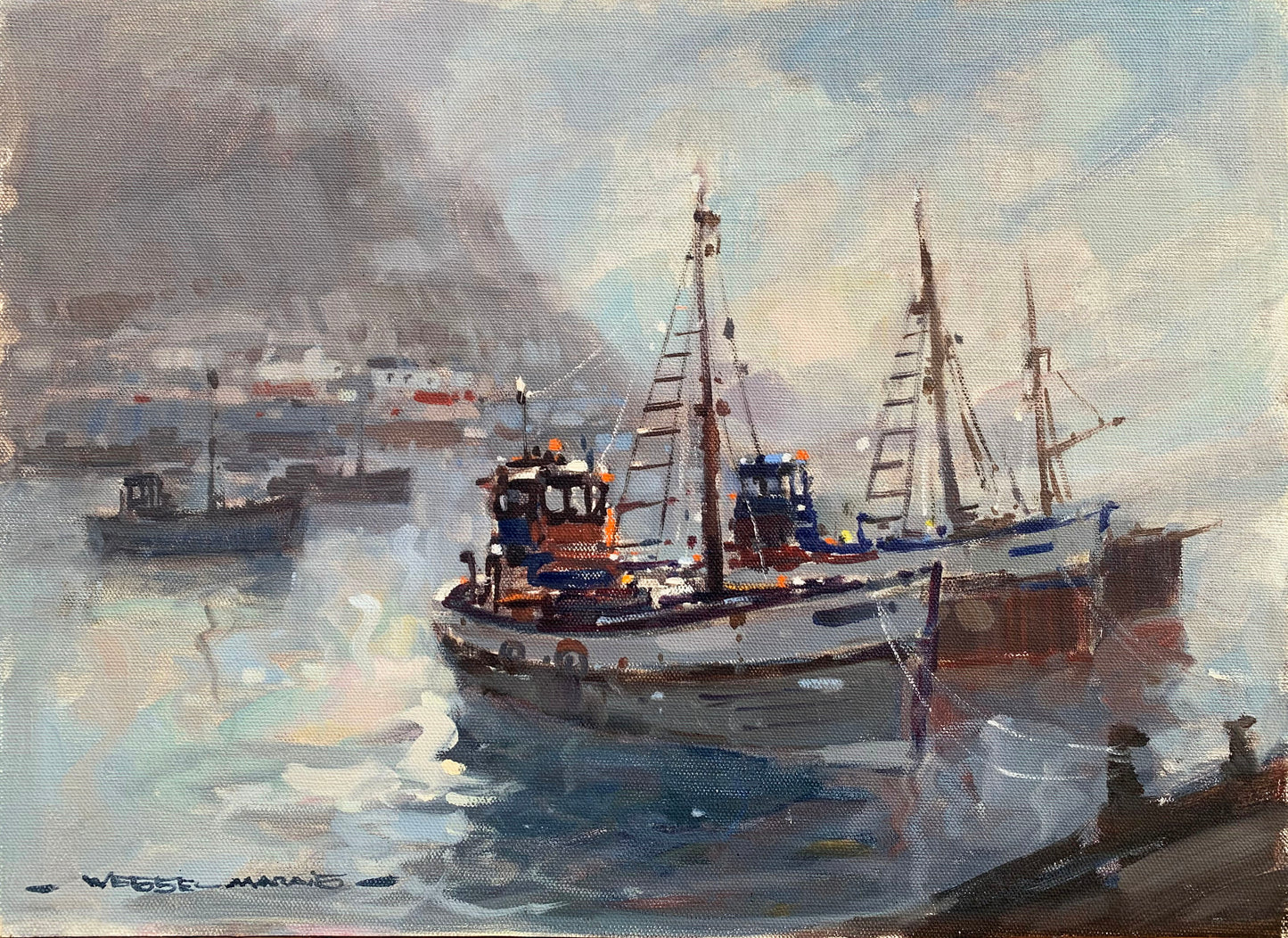 Wessel Marais - Boats docked (likely Hout Bay), 61x46cm