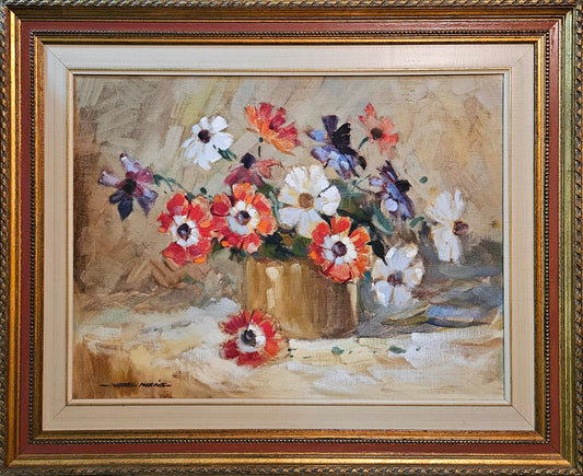 Wessel Marais - Still life Red and White Flowers, 60x45cm