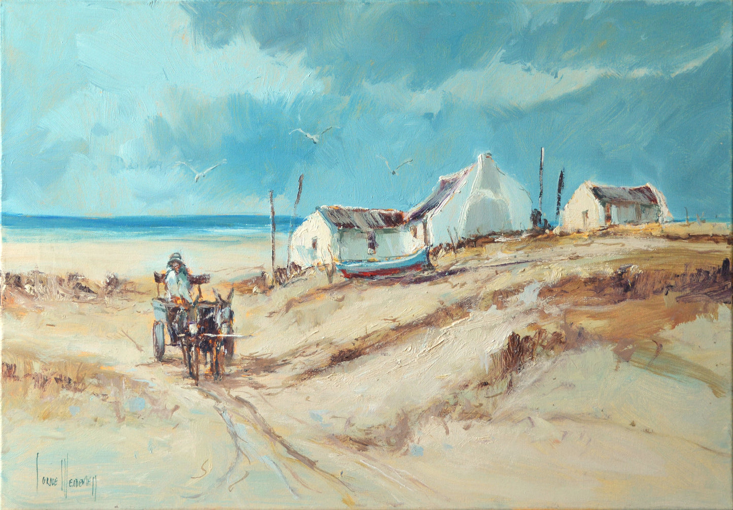 Corne Weideman - Donkey Cart Fishing Village Scene, 59 x 41 unframed