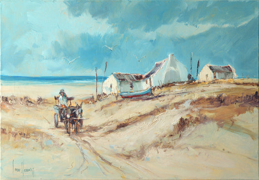 Corne Weideman - Donkey Cart Fishing Village Scene, 59 x 41 unframed