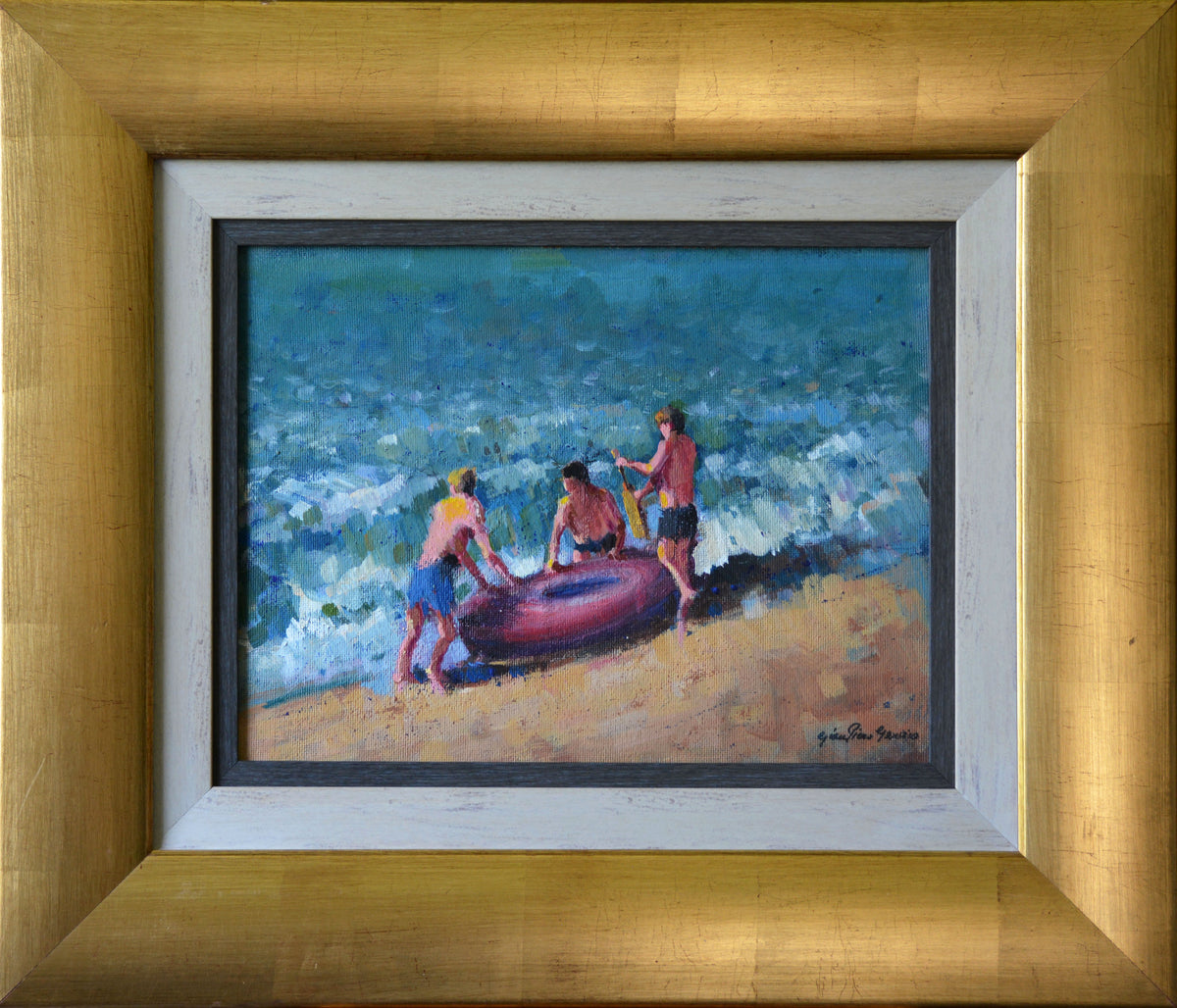Gian-Piero Garizio - Kids and tube in the surf 25x30cm
