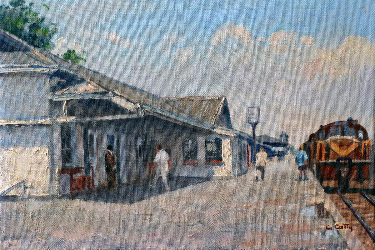 Giuseppe Catty - Lovely little Train Station Scene, 30x20cm