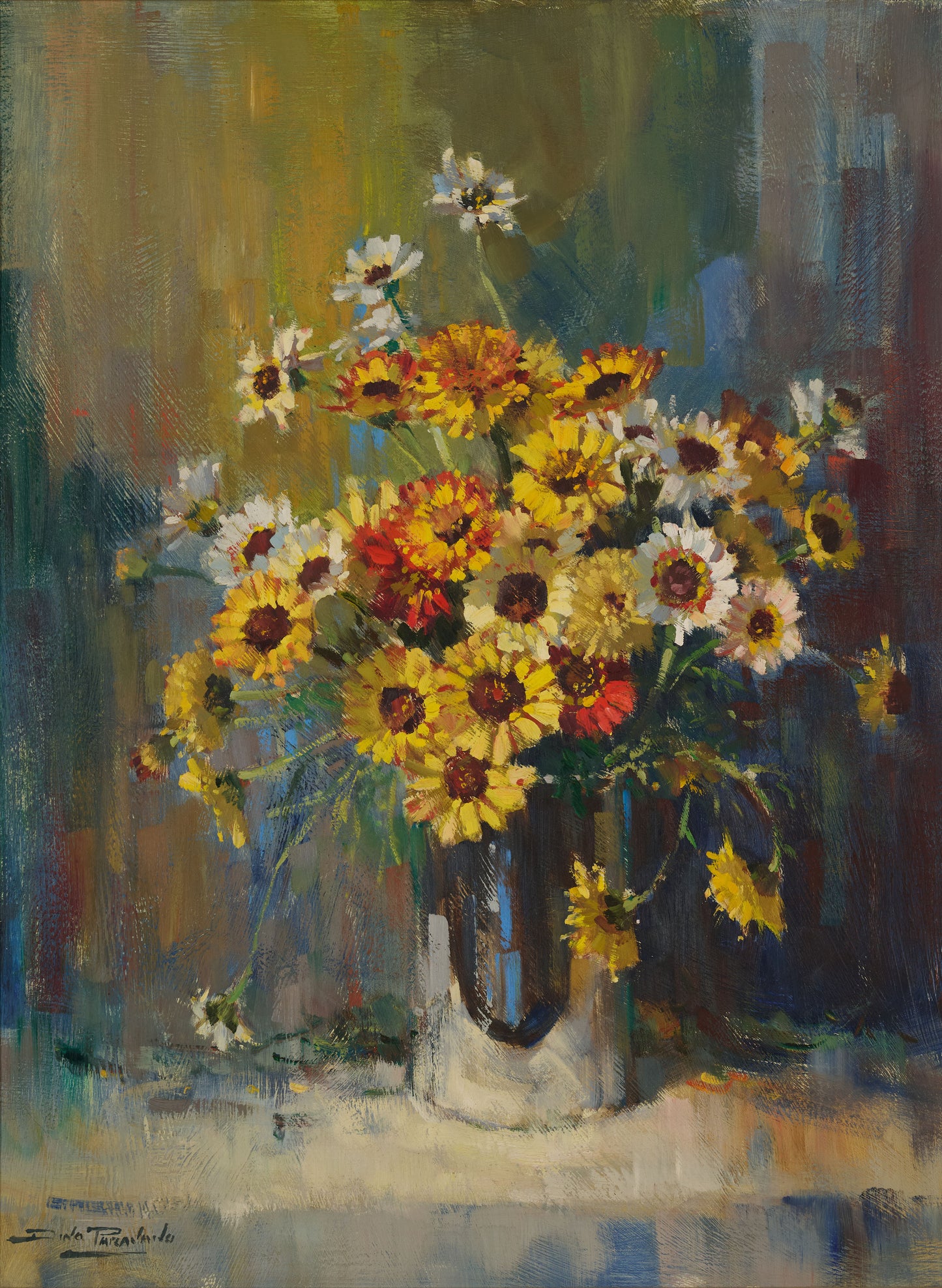 Dino Paravano - Colourful Daisies in a bowl 60x45cm