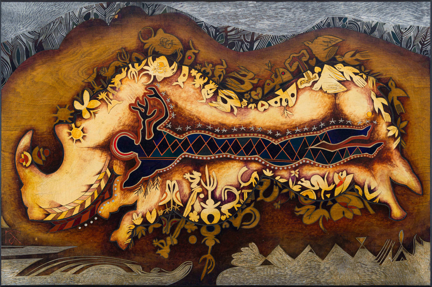 Raymond Andrews - Mystical Rhino Incised & Painted Panel, 122x81cm