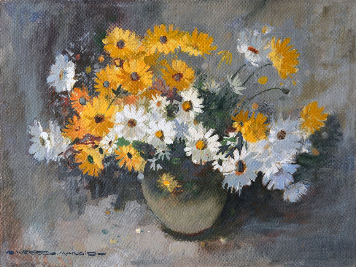 Wessel Marais - White and Yellow Daisy Still Life, 60x45cm