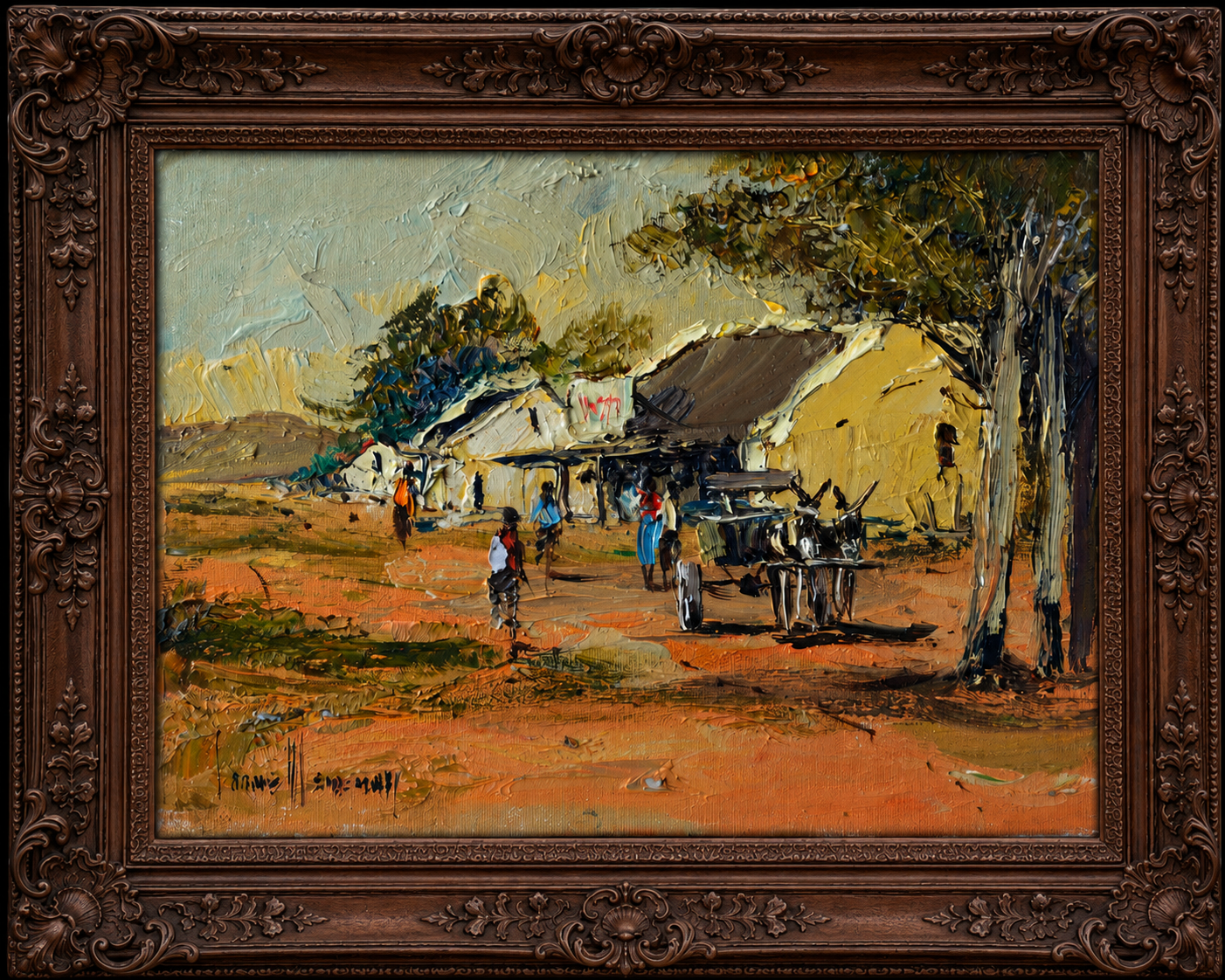 Corne Weideman - Rural Donkey Cart and Cafe Scene, 31 x 23 unframed