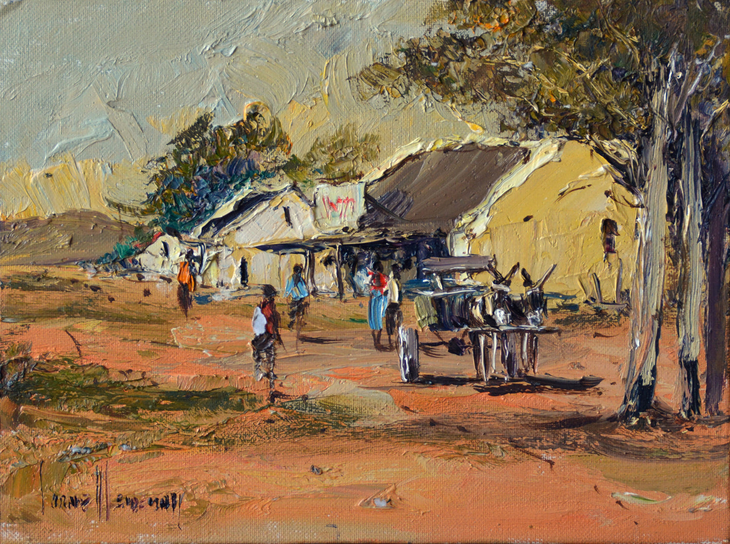 Corne Weideman - Rural Donkey Cart and Cafe Scene, 31 x 23 unframed