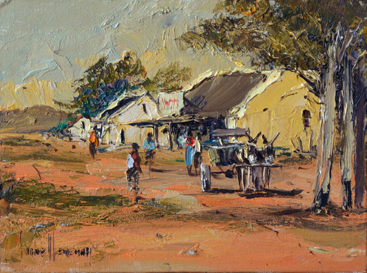Corne Weideman - Rural Donkey Cart and Cafe Scene, 31 x 23 unframed