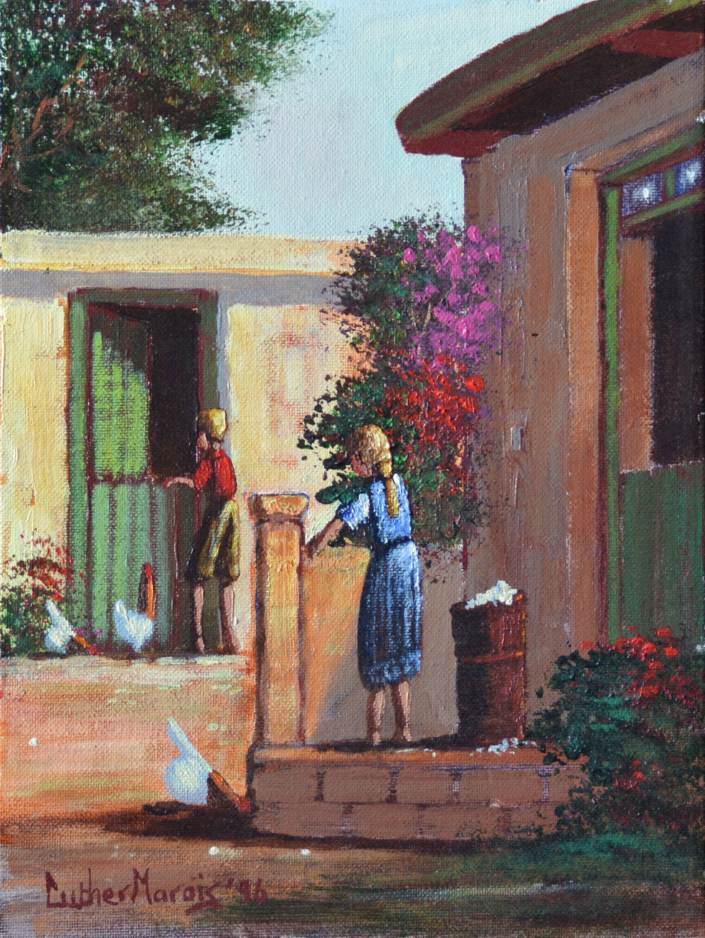 Luther Marais - Kids on the back stoep, 30x23cm
