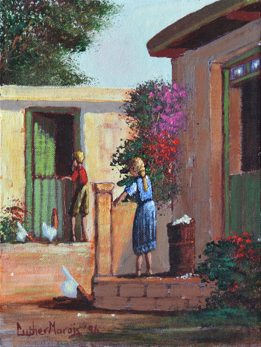 Luther Marais - Kids on the back stoep, 30x23cm