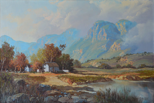 Michael Albertyn, Cape Dutch Farmstead in Cape Mountain Setting, 90x60cm